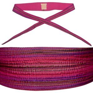 Vintage 70s Quilted Tie Belt Silk Cotton India Charlie Girl Striped Berry Tones